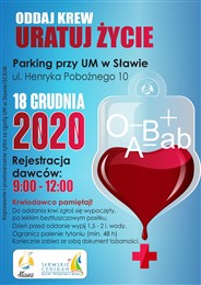 Plakat informujący o akcji oddawania krwi, która odbędzie się 18 grudnia w Sławie